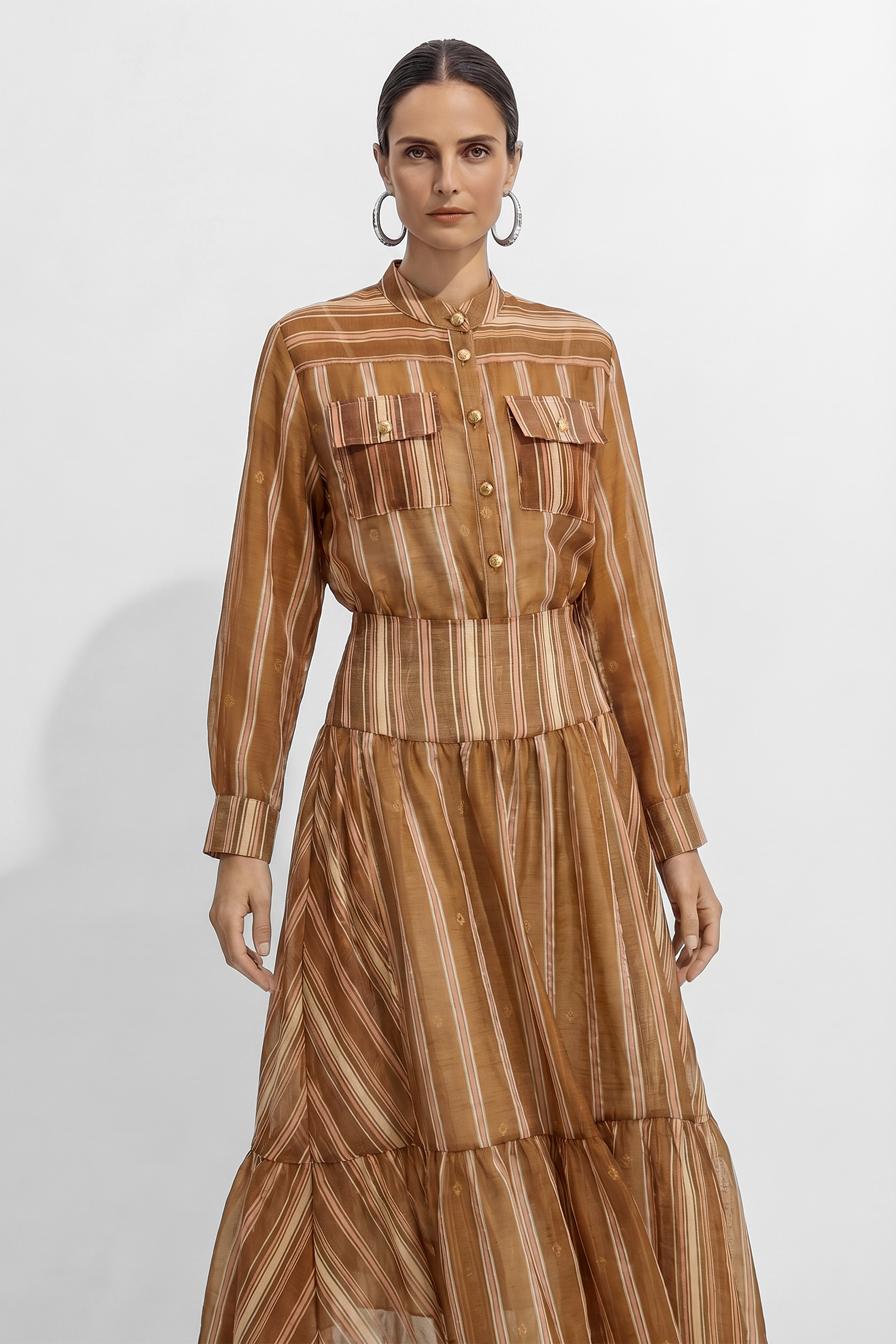Somewhere With You Brown Striped Shirt & Skirt Set